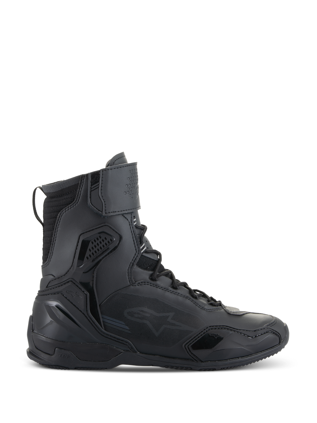 Alpinestars Superfaster Shoes, sapatos de motociclismo, pretos, vista de perfil lateral de calçado técnico de cano alto com proteção integrada, sistema de atacadores rápidos e tira de velcro no tornozelo