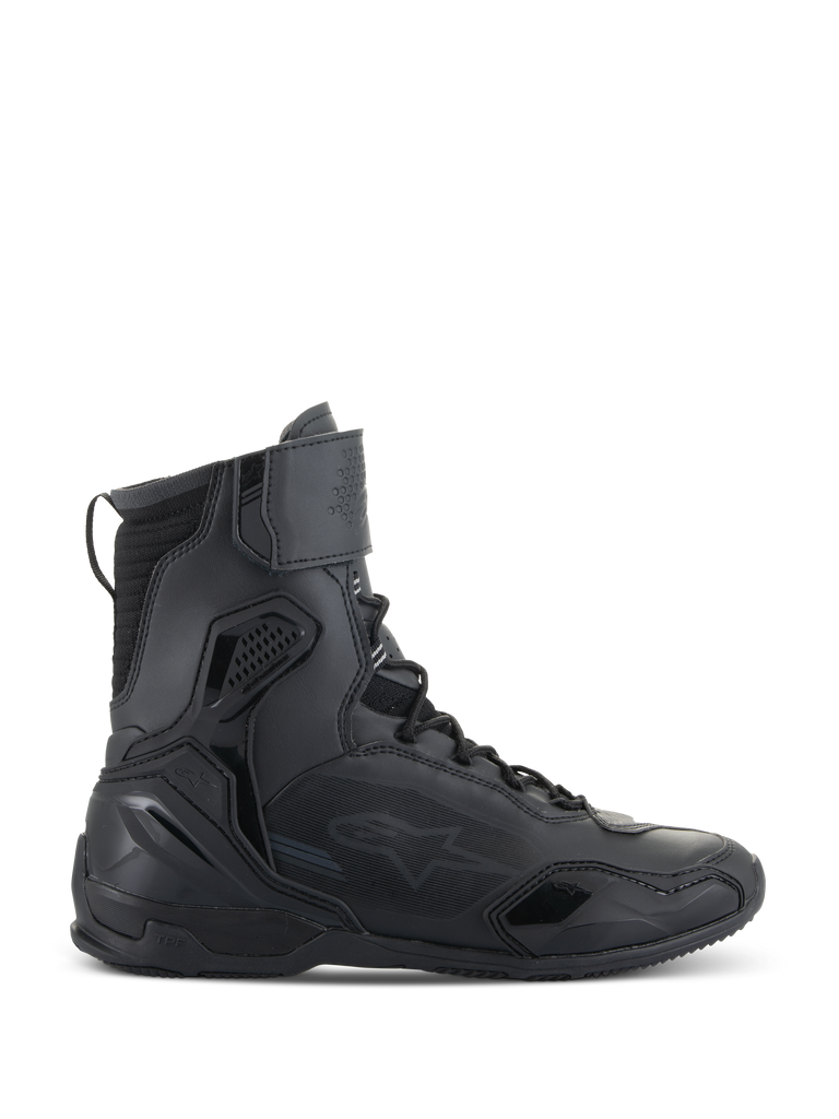 Alpinestars Superfaster Shoes, Motorcycle Riding Shoes, Black, side profile view of high-top technical footwear with integrated protection, speed lace system, and velcro ankle strap