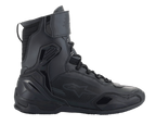 Alpinestars Superfaster Shoes, sapatos de motociclismo, pretos, perfil de cano alto com sistema de atacadores rápidos e tira no tornozelo, com painéis de microfibra e Rideknit, contraforte de calcanhar em TPU reforçado e proteção na biqueira, design atlético elegante para condução em estrada