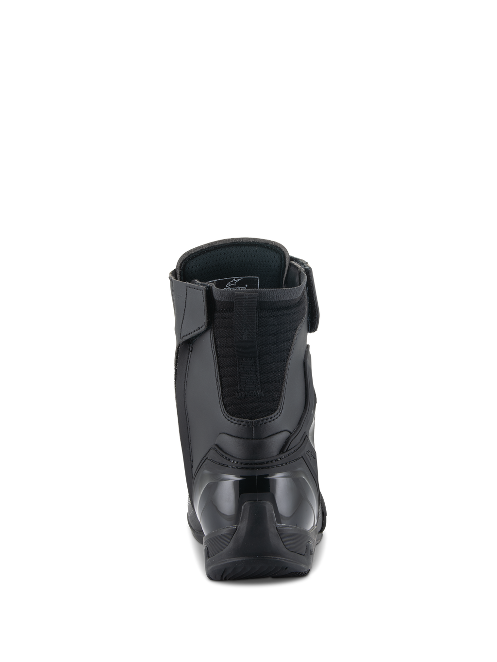 Alpinestars Superfaster Shoes, sapatos de motociclismo, pretos, vista traseira com contraforte de calcanhar em TPU reforçado e extensão acolchoada para o tendão de Aquiles, design de cano alto elegante para proteção em condução desportiva