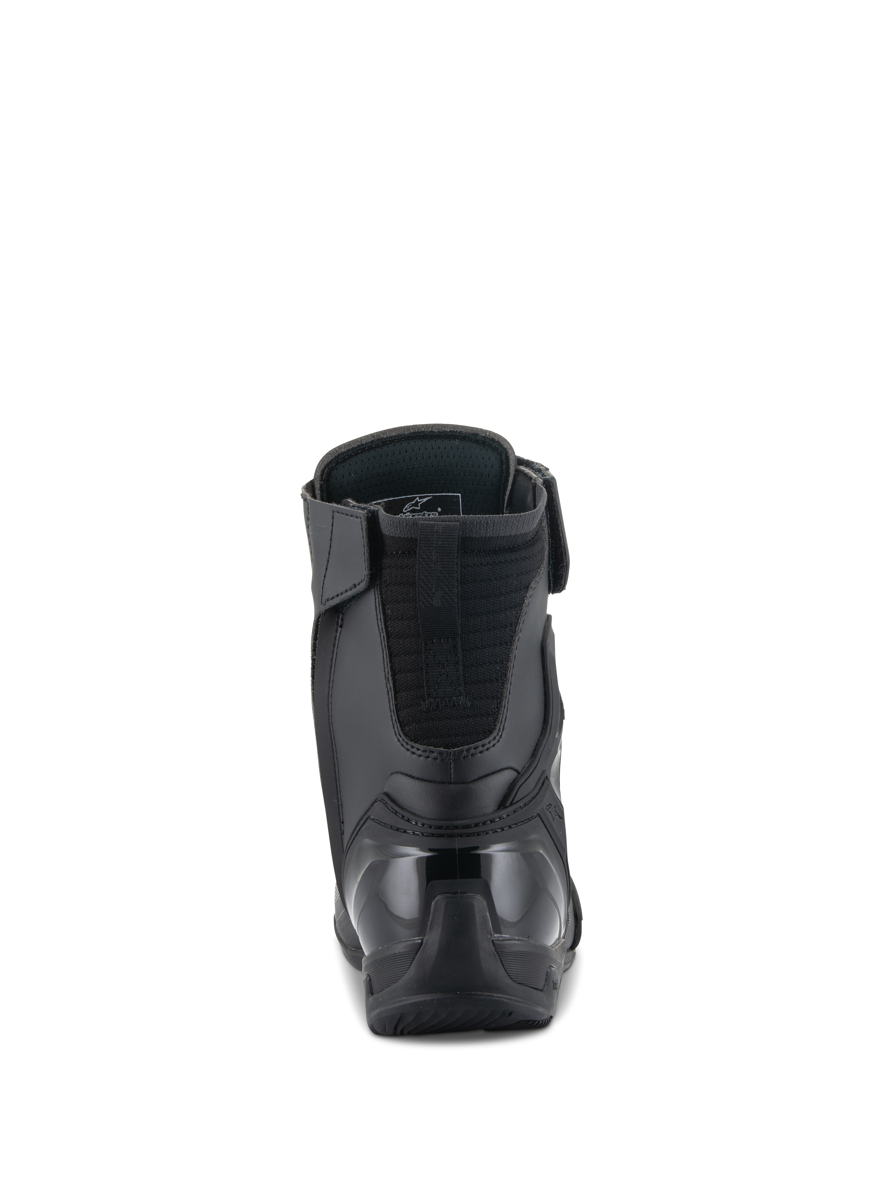 Alpinestars Superfaster Shoes, sapatos de motociclismo, pretos, vista traseira com contraforte de calcanhar em TPU reforçado e extensão acolchoada para o tendão de Aquiles, design de cano alto elegante para proteção em condução desportiva