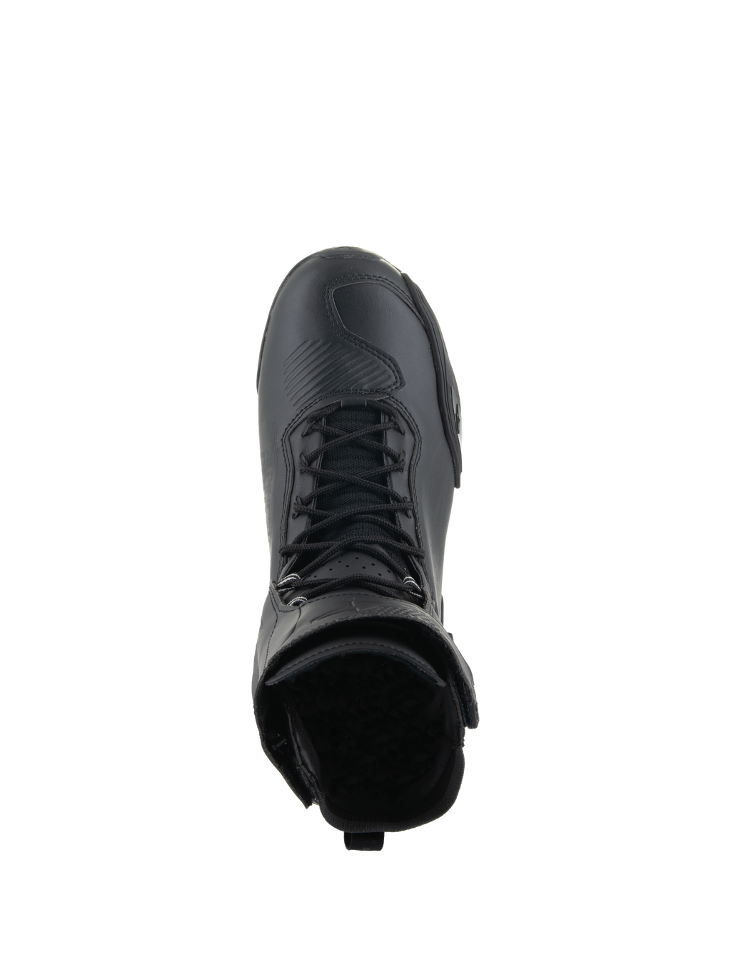 Sapatos Alpinestars Superfaster, sapatos de motociclismo, totalmente pretos, vista superior destacando o sistema de atacadores rápidos e a gola de cano alto, design técnico elegante com biqueira reforçada.