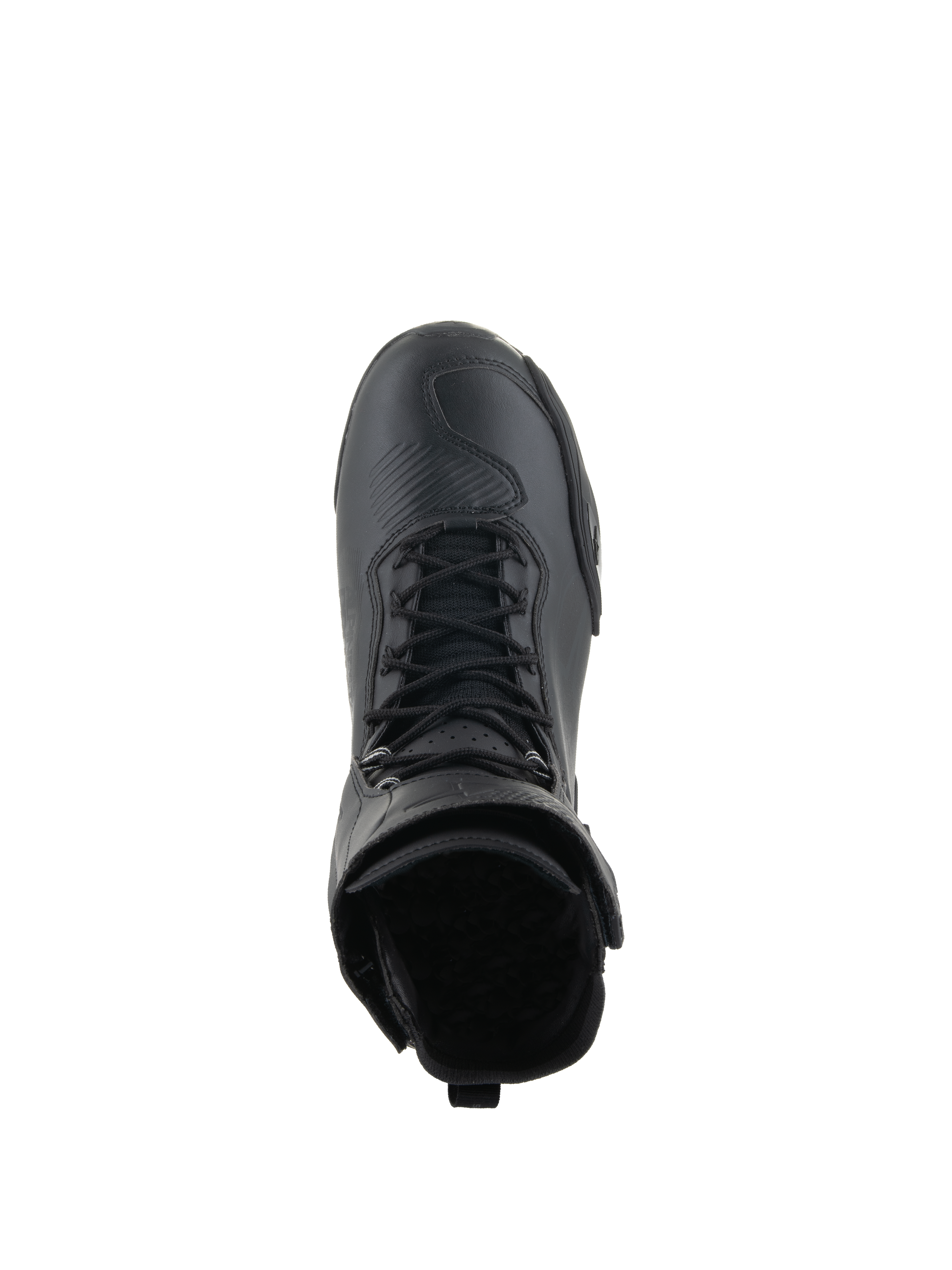 Sapatos Alpinestars Superfaster, sapatos de motociclismo, totalmente pretos, vista superior destacando o sistema de atacadores rápidos e a gola de cano alto, design técnico elegante com biqueira reforçada.