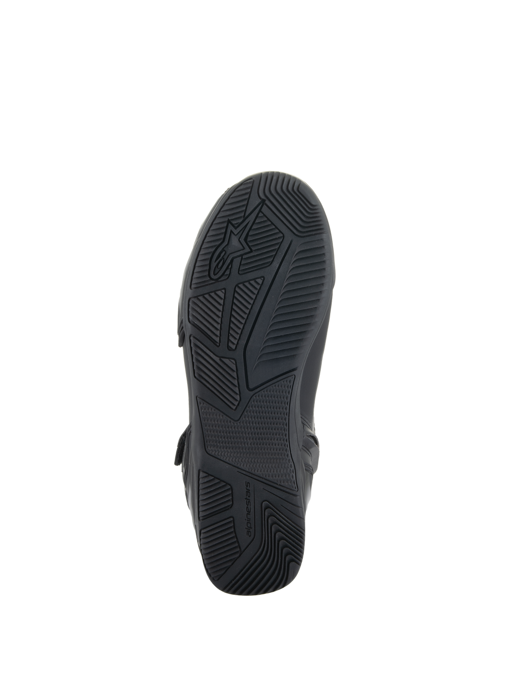 Alpinestars Superfaster Shoes, pretos, vista inferior apresentando a sola de borracha com padrões de rasto e aderência técnica, incluindo o logótipo e a marca Alpinestars, concebidos para estabilidade na condução de motociclos.