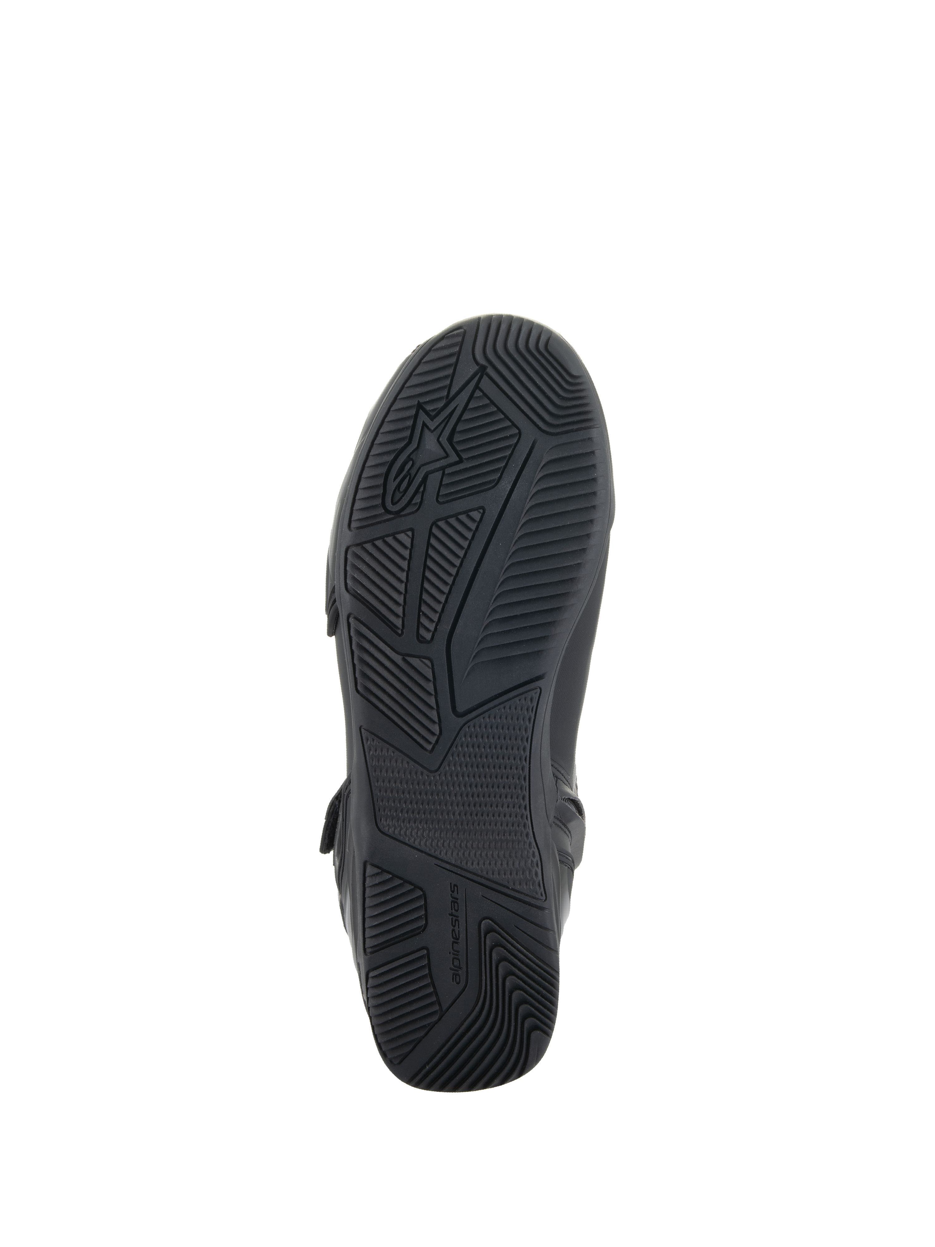Alpinestars Superfaster Shoes, pretos, vista inferior apresentando a sola de borracha com padrões de rasto e aderência técnica, incluindo o logótipo e a marca Alpinestars, concebidos para estabilidade na condução de motociclos.