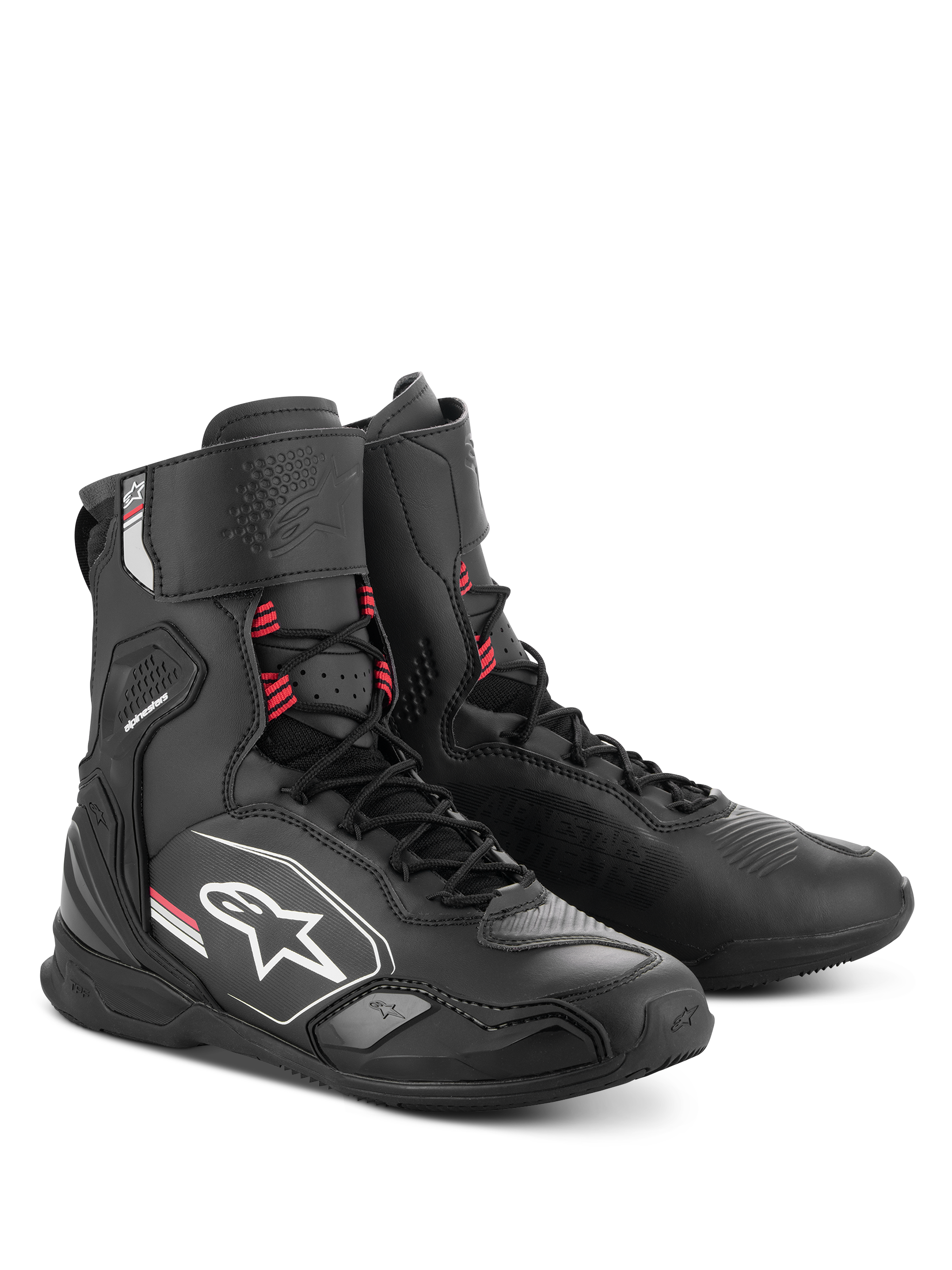 Alpinestars Superfaster Shoes, Motorcycle Riding Shoes, Black Gray Bright Red, tall profile with integrated shin and ankle protection, speed lace system, sleek athletic design with Alpinestars logo branding