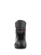 Alpinestars Superfaster Shoes, motorcycle riding shoes in Black Gray and Bright Red, front view showing speed laces with red loops, tall protective profile with ankle strap, reinforced toe, and technical design for road and sport performance