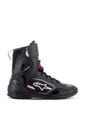 Alpinestars Superfaster Shoes, high-cut motorcycle riding shoes, Black Gray and Bright Red, side profile view featuring the white Alpinestars logo, reinforced ankle and heel protection, lace-up system with a top strap.