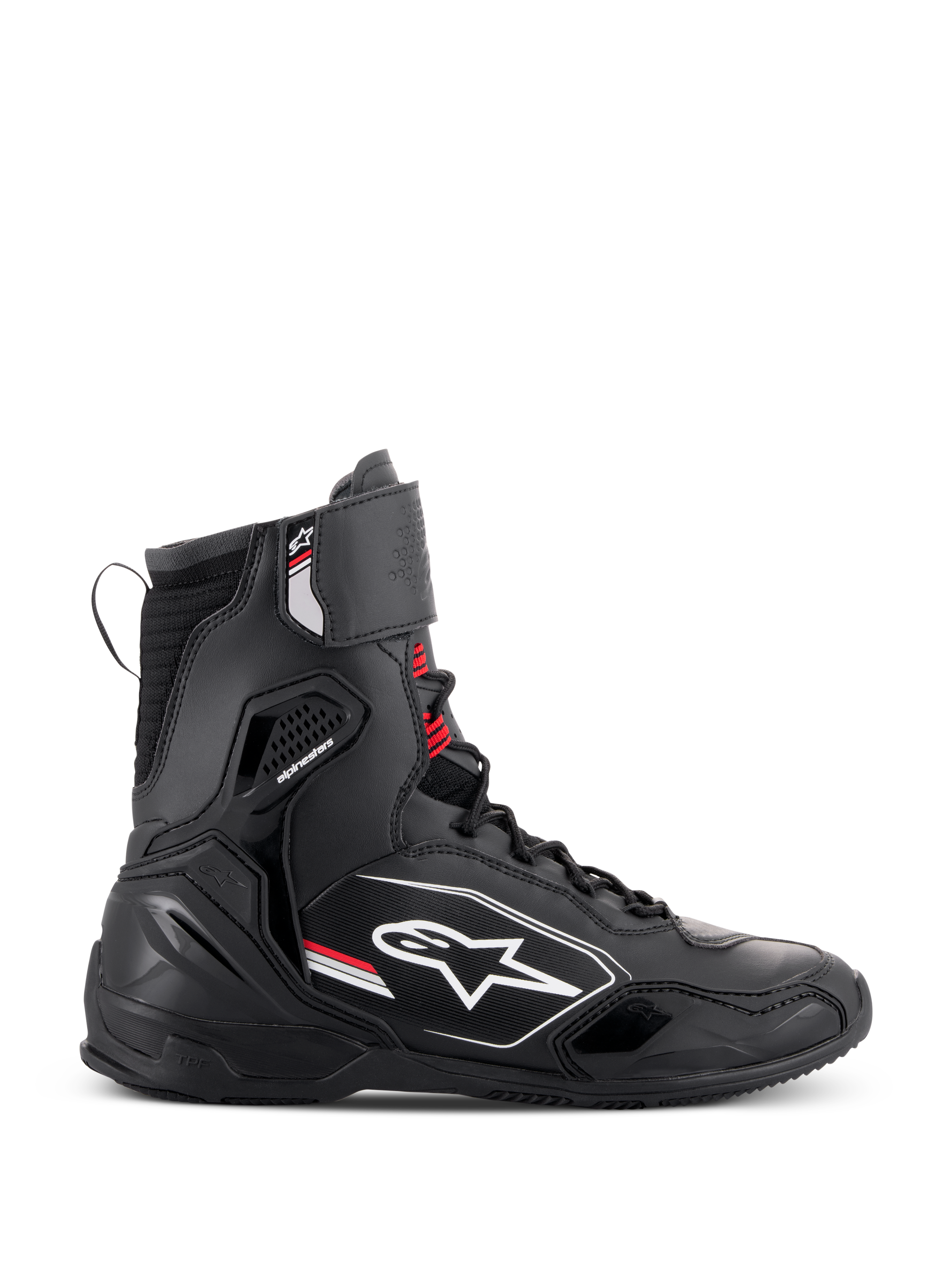 Alpinestars Superfaster Shoes, high-top motorcycle riding shoes in Black, Gray, and Bright Red, lateral side view featuring a white Alpinestars logo, red lace accents, and integrated protective panels for ankle and heel support.