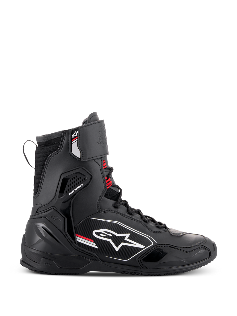 Alpinestars Superfaster Shoes, high-top motorcycle riding shoes in Black, Gray, and Bright Red, lateral side view featuring a white Alpinestars logo, red lace accents, and integrated protective panels for ankle and heel support.