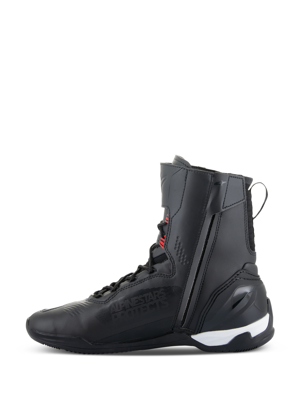 Sapatos Alpinestars Superfaster, sapatos de motociclismo de cano alto, pretos com detalhes em vermelho vivo e branco, com fecho de correr lateral, sistema de atacadores rápidos e contraforte de calcanhar em TPU reforçado, design desportivo para condução em estrada e desportiva