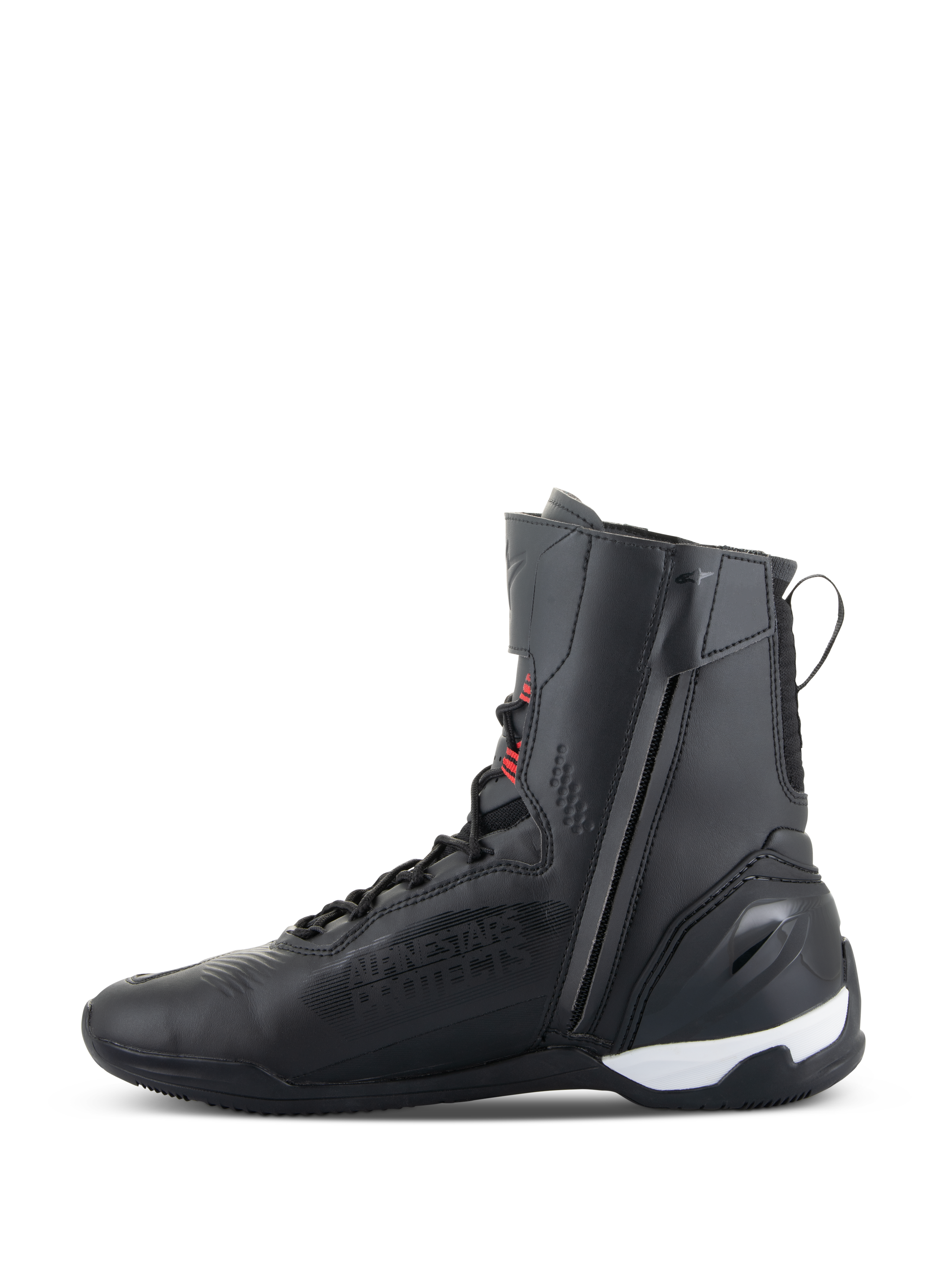 Sapatos Alpinestars Superfaster, sapatos de motociclismo de cano alto, pretos com detalhes em vermelho vivo e branco, com fecho de correr lateral, sistema de atacadores rápidos e contraforte de calcanhar em TPU reforçado, design desportivo para condução em estrada e desportiva