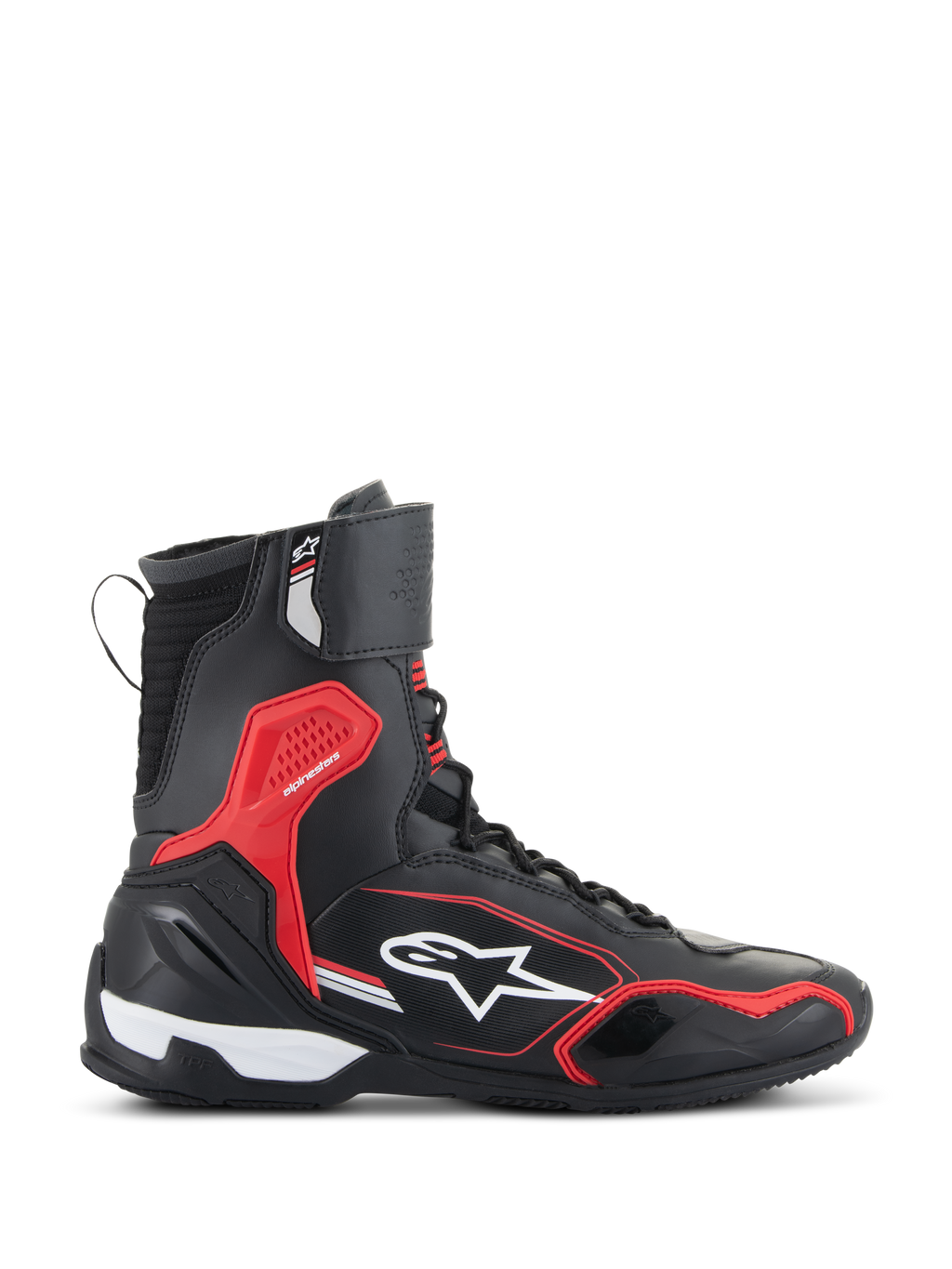Alpinestars Superfaster Shoes, sapatos de motociclismo, pretos, vermelho brilhante e brancos, vista lateral com cano alto, proteção contra impacto em TPU vermelho e logótipo Alpinestars branco, calçado de estrada protetor de estilo desportivo