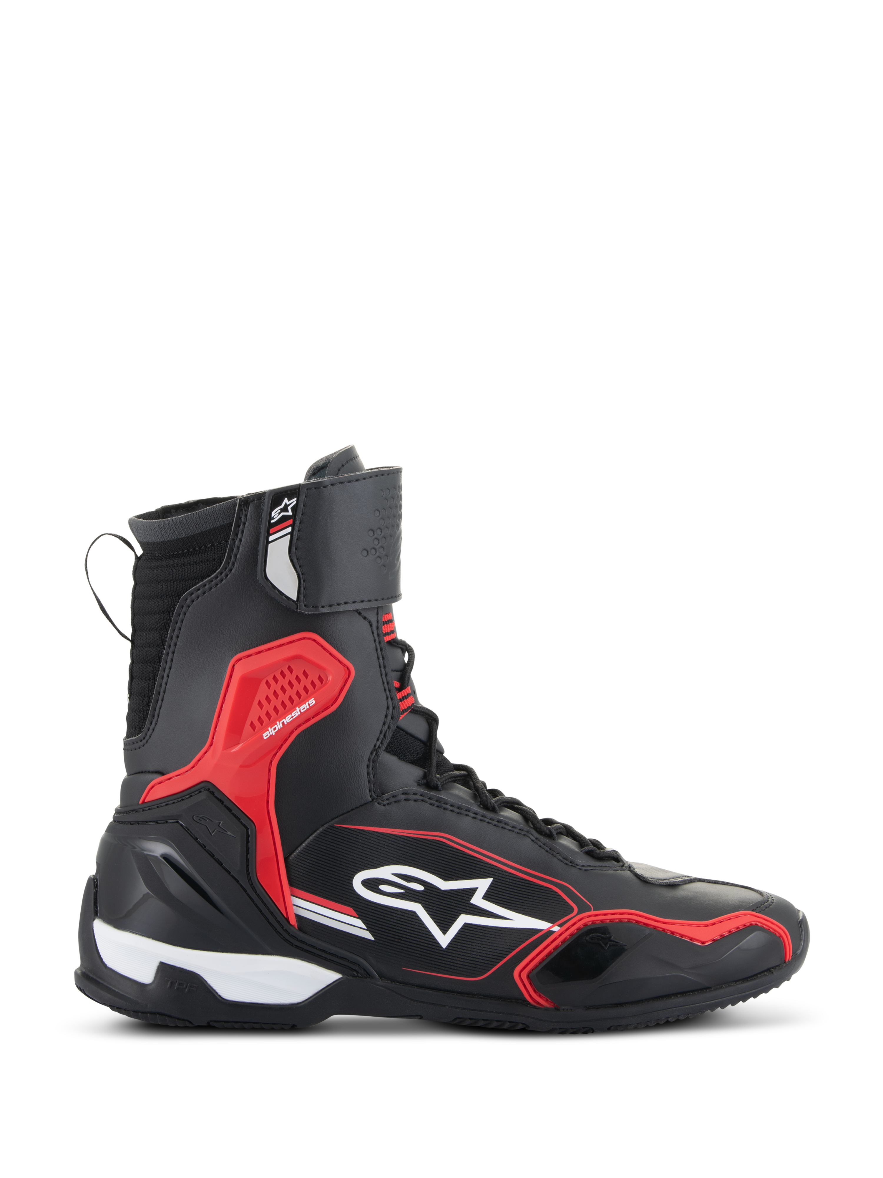 Alpinestars Superfaster Shoes, sapatos de motociclismo, pretos, vermelho brilhante e brancos, vista lateral com cano alto, proteção contra impacto em TPU vermelho e logótipo Alpinestars branco, calçado de estrada protetor de estilo desportivo