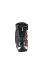 Sapatos Alpinestars Superfaster, sapatos de motociclismo, preto, vermelho brilhante e branco, vista traseira mostrando o contraforte do calcanhar reforçado em TPU e o protetor de Aquiles, design técnico de cano alto.