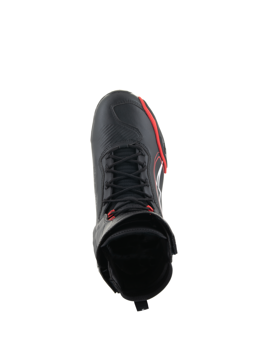 Sapatos Alpinestars Superfaster, sapatos de motociclismo, pretos, vermelho vivo e brancos, vista superior mostrando o sistema de atacadores rápidos e cano alto, equipamento profissional para condução em estrada e desportiva