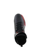 Sapatos Alpinestars Superfaster, sapatos de motociclismo, pretos, vermelho vivo e brancos, vista superior mostrando o sistema de atacadores rápidos e cano alto, equipamento profissional para condução em estrada e desportiva