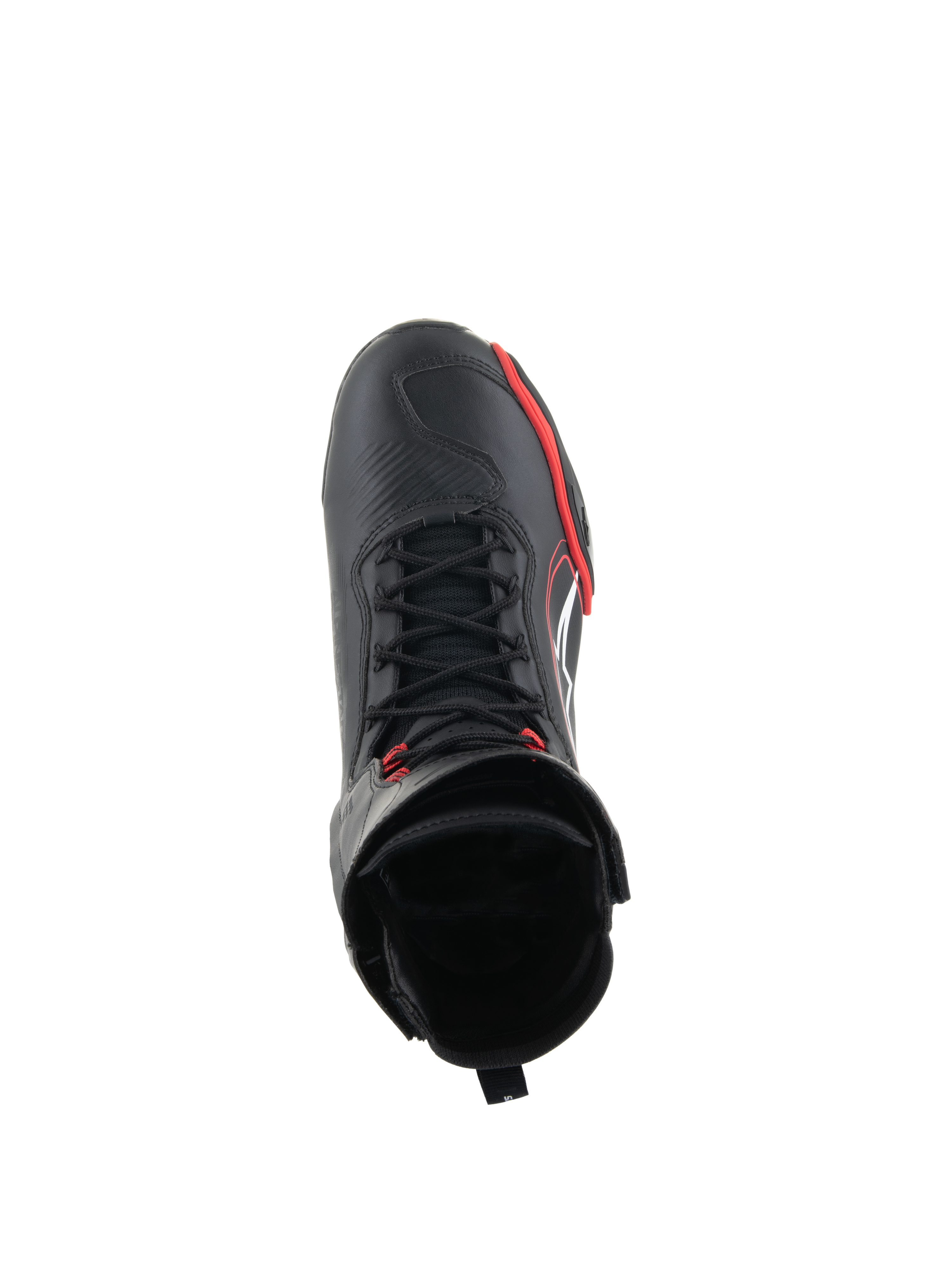 Sapatos Alpinestars Superfaster, sapatos de motociclismo, pretos, vermelho vivo e brancos, vista superior mostrando o sistema de atacadores rápidos e cano alto, equipamento profissional para condução em estrada e desportiva