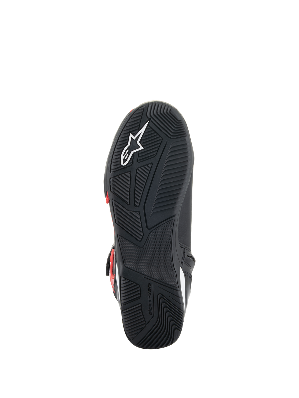 Sapatos Alpinestars Superfaster, vista da sola, sola de borracha preta com padrão de aderência técnico, logótipo Astars branco e marca Alpinestars em relevo, concebidos para condução de mota e conforto ao caminhar