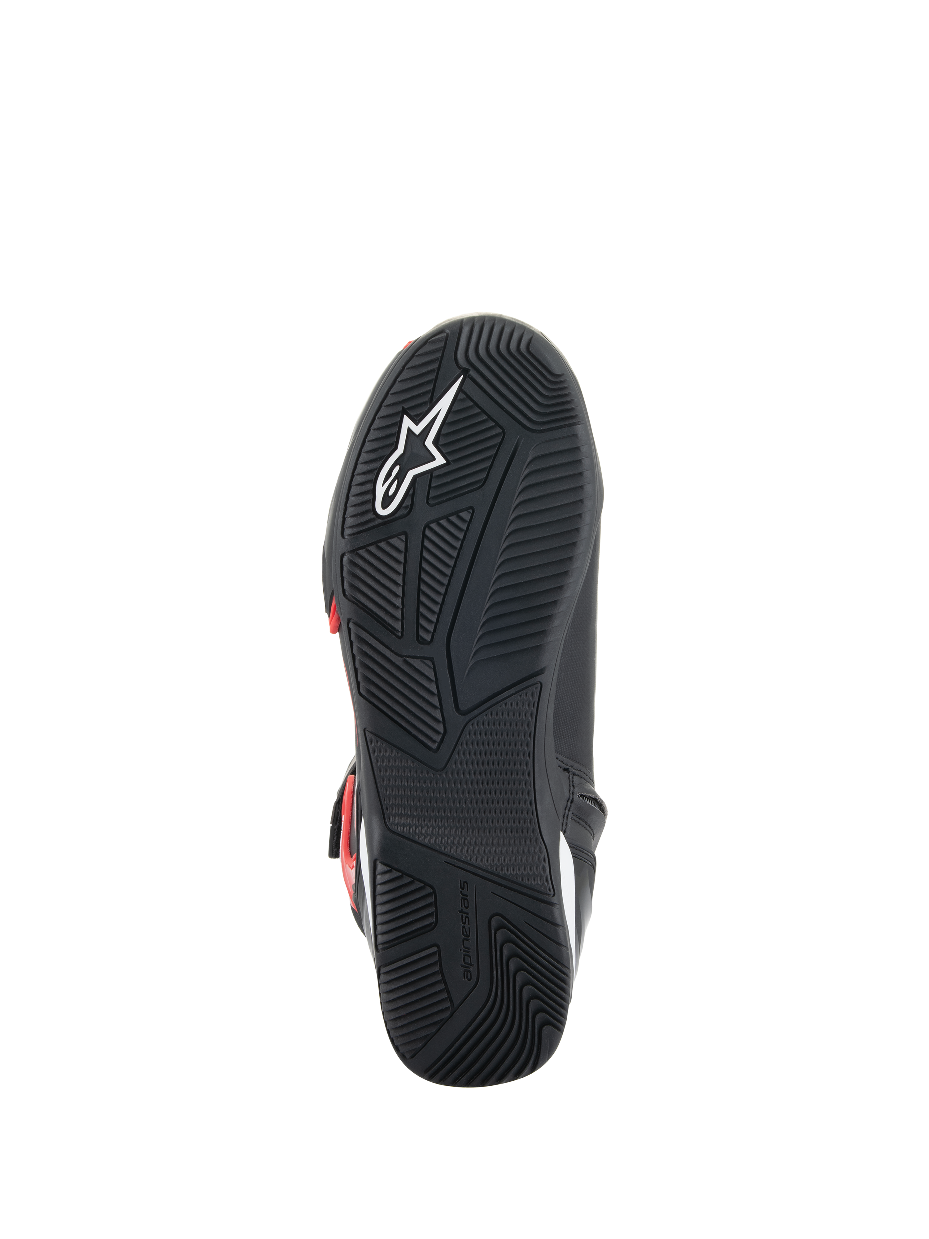 Sapatos Alpinestars Superfaster, vista da sola, sola de borracha preta com padrão de aderência técnico, logótipo Astars branco e marca Alpinestars em relevo, concebidos para condução de mota e conforto ao caminhar