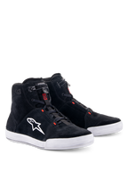 Alpinestars Chrome Shoes, Motorcycle Riding Shoes, Black and Cool Gray with Red Fluo accents, high-top silhouette, split suede upper with white rubber sole, featuring white side logo and quick-action elastic closure, casual urban streetwear style