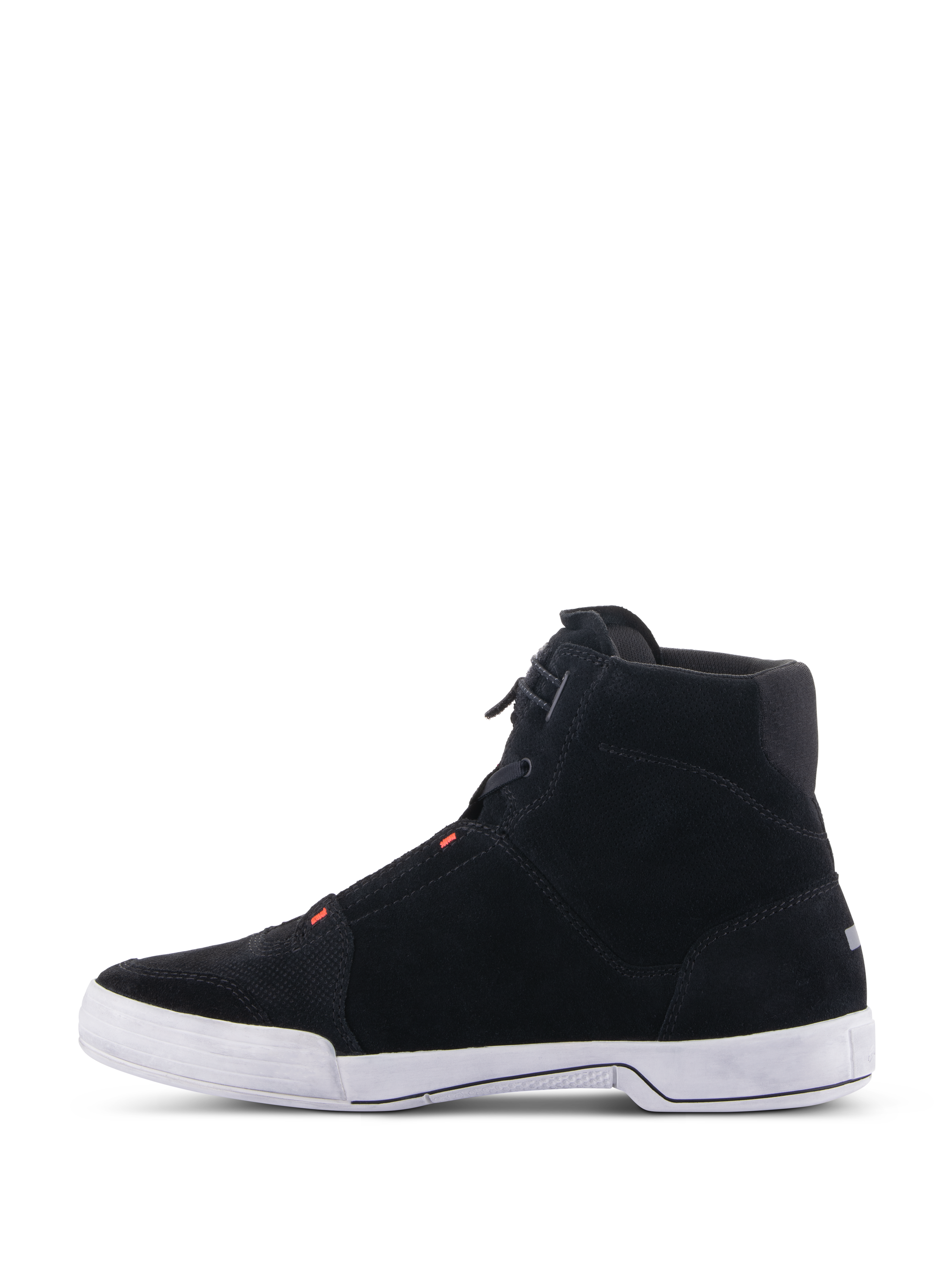 Alpinestars Chrome Shoes, Motorcycle Riding Shoes, Black and Cool Gray with Red Fluo, side profile view featuring split suede construction and a white rubber sole, casual sneaker silhouette for urban riding
