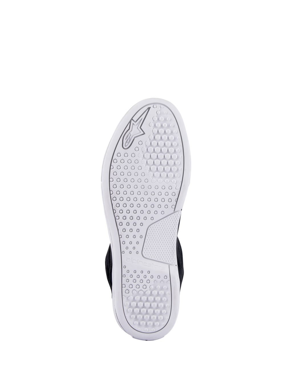 Alpinestars Chrome Shoes, white advanced urban sole view, featuring a hexagonal traction pattern and embossed Alpinestars logo, casual motorcycle riding footwear