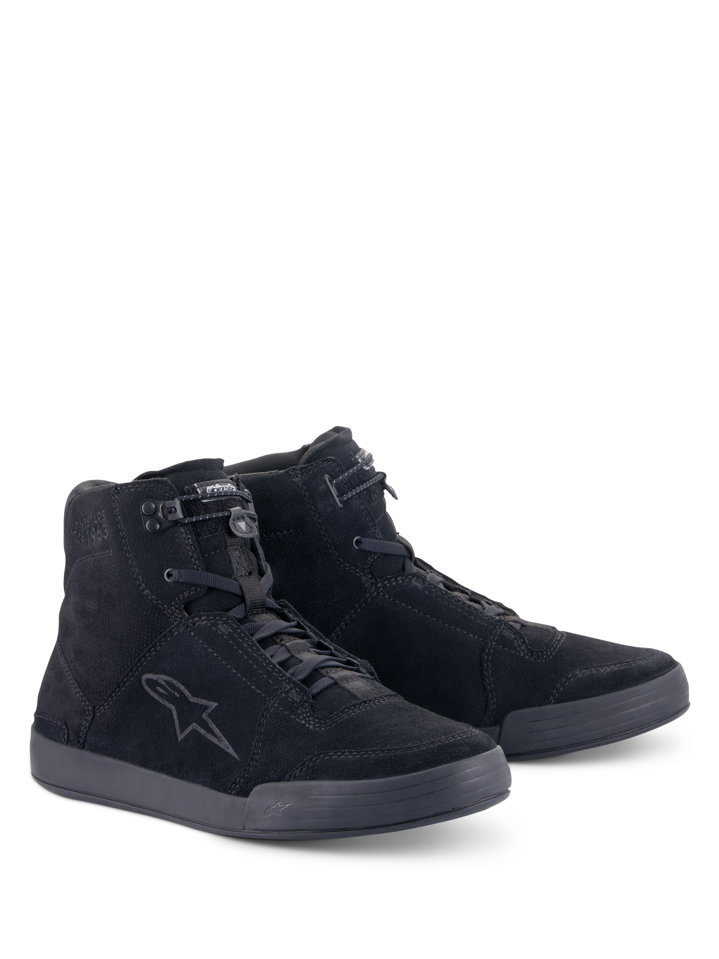 Alpinestars Chrome Shoes, Urban Motorcycle Riding Shoes, Black Black, high-top split suede construction, featuring a tonal star logo on the side, lace-up front with elasticated top closure, and a flat rubber sole for a casual street-ready look.
