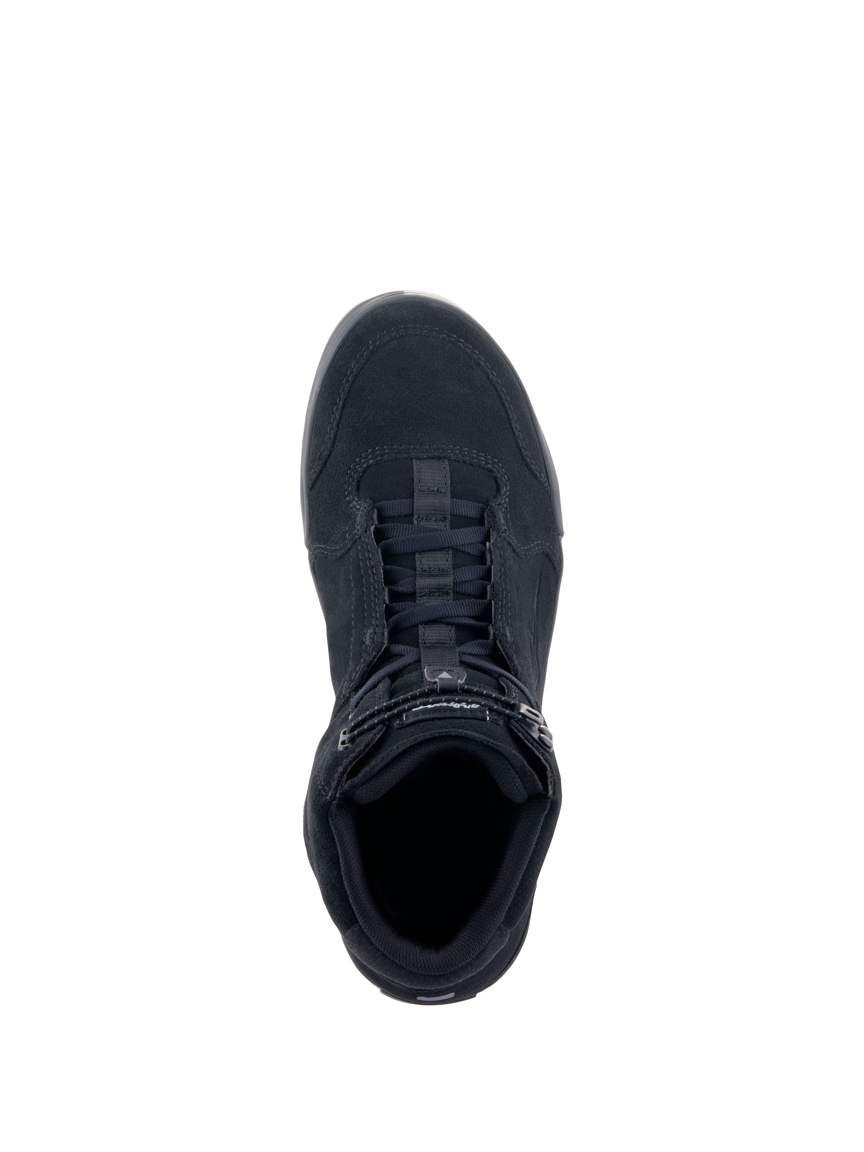 Alpinestars Chrome Riding Shoes, Black Black, top-down view, featuring split suede construction, lace-up closure with an elasticated top strap, casual urban silhouette designed for motorcycle protection