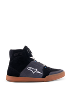 Alpinestars Chrome Shoes, high-top motorcycle riding sneakers, black and asphalt gray suede upper, gum brown sole, white star logo on the side, white laces, casual urban style with integrated protective features