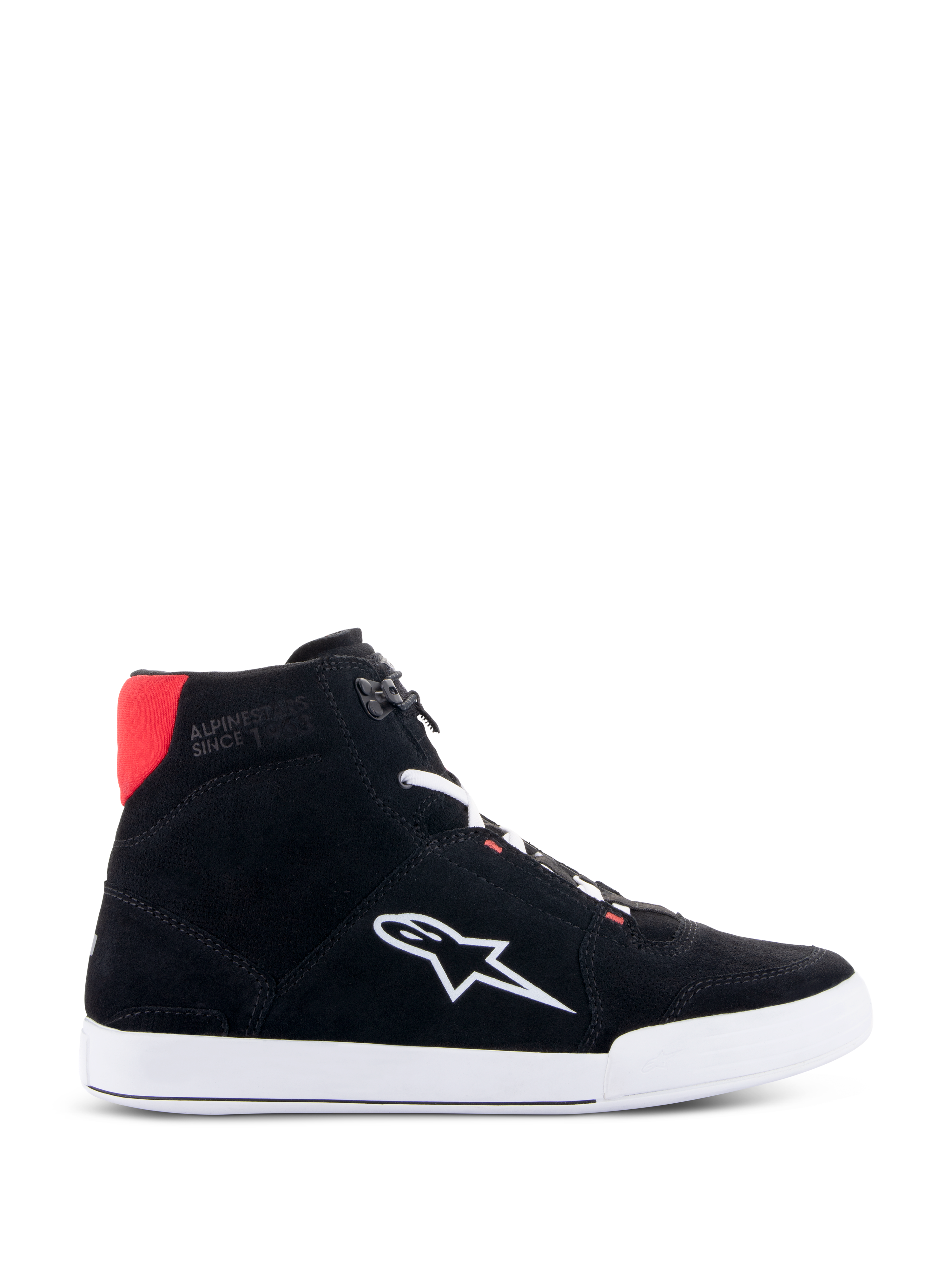 Alpinestars Chrome Riding Shoes in Black White Bright Red, urban casual high-top motorcycle shoe featuring a black split suede upper, white Astars logo on the side, white sole, and bright red heel collar accent.