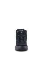Alpinestars Chrome Air Shoe, urban motorcycle riding shoe, Black, front view showing split suede and mesh upper, elasticated lace closure, and casual high-top sneaker design
