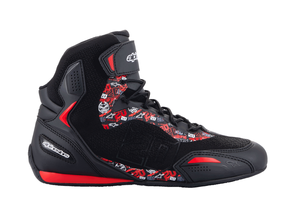 Alpinestars FQ20 Faster-3 Rideknit Shoes, Black high-top motorcycle riding shoes with bright red and white graphics, featuring Fabio Quartararo logos and patterns, knitted mesh upper with laces and ankle strap, sporty rubber sole with red accents, sleek racing-inspired design