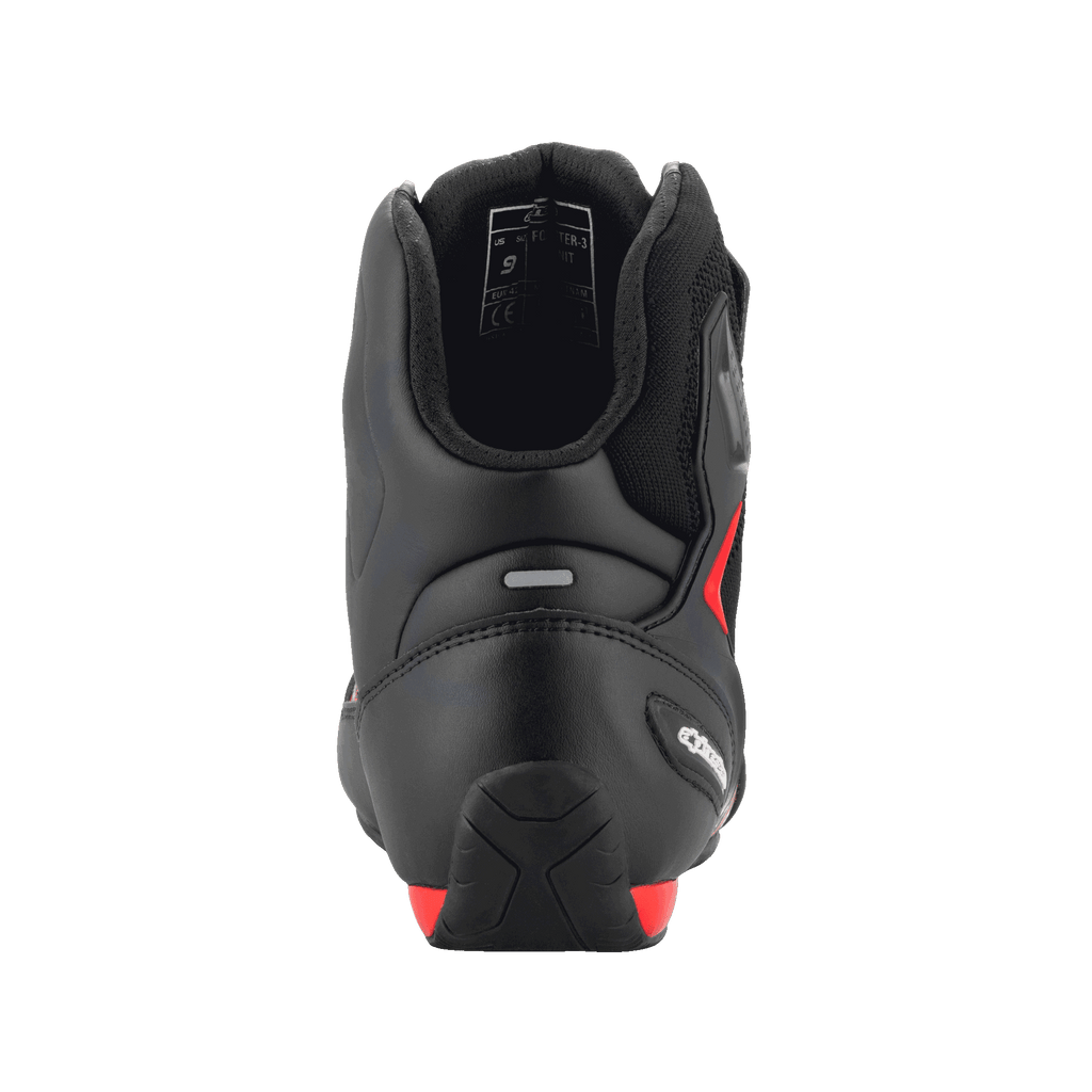 Alpinestars FQ20 Faster-3 Rideknit® Shoes, Black and Bright Red, rear view highlighting the contoured heel counter, reflective strip, and padded ankle collar, technical motorcycle riding footwear