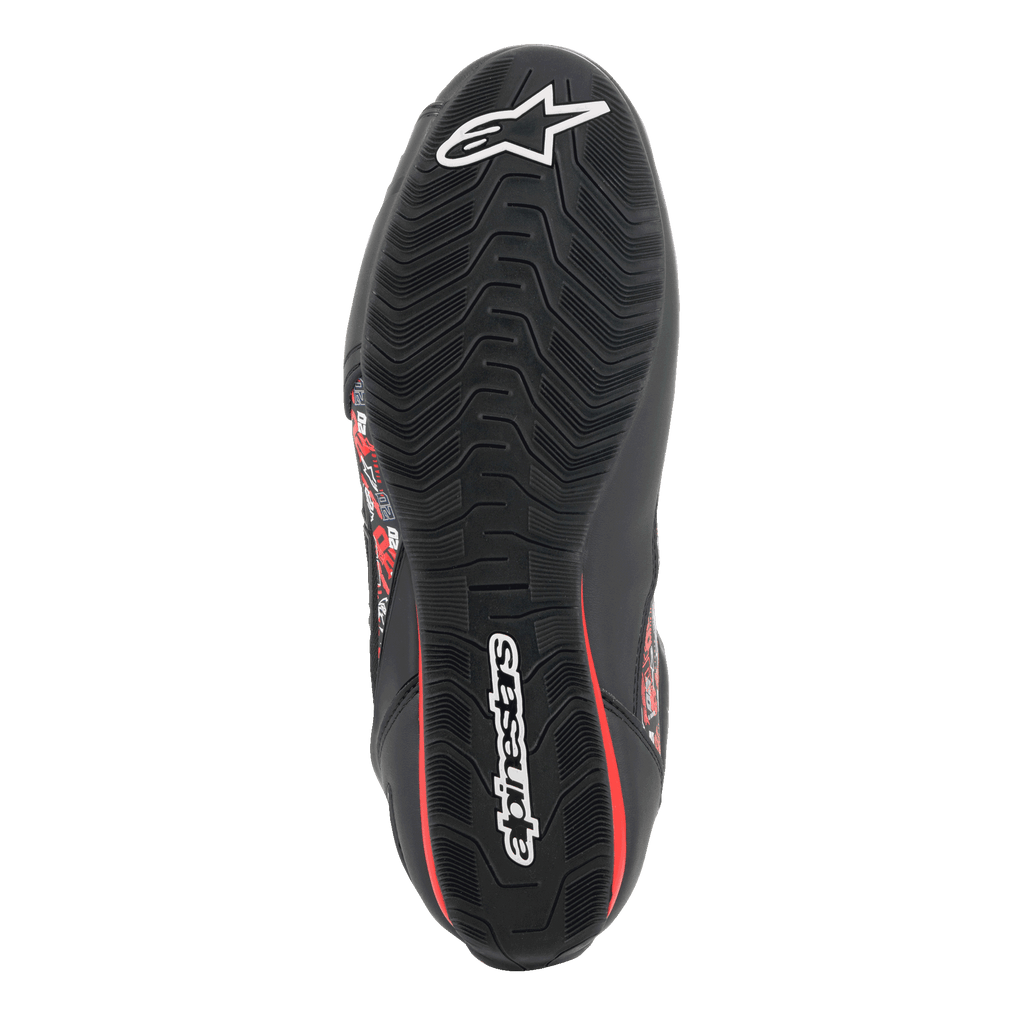 Alpinestars FQ20 Faster-3 Rideknit® Shoes, bottom view of the textured rubber sole, black with white Alpinestars logos and red accents, designed for grip and stability on motorcycle controls