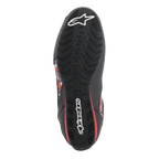 Alpinestars FQ20 Faster-3 Rideknit® Shoes, bottom view of the textured rubber sole, black with white Alpinestars logos and red accents, designed for grip and stability on motorcycle controls