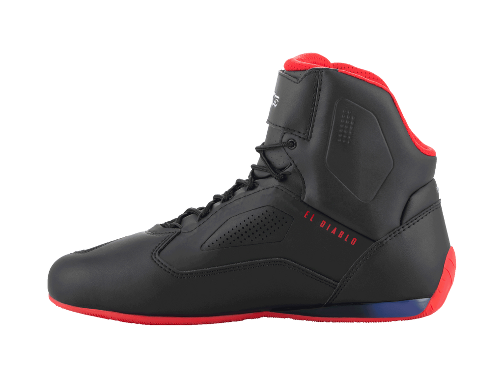 Alpinestars FQ20 Faster-3 Rideknit® Shoes, Motorcycle Riding Shoes, Black Bright Red and Blue, side profile view featuring 'EL DIABLO' text in red, red sole and collar lining, breathable mesh and microfiber construction with perforated side panels.