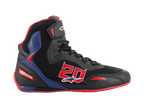 Alpinestars FQ20 Faster-3 Rideknit Shoes, Black high-top motorcycle riding shoes with bright red and blue accents, featuring a large red number 20 on the side, red sole, black laces, and breathable Rideknit mesh and synthetic construction.