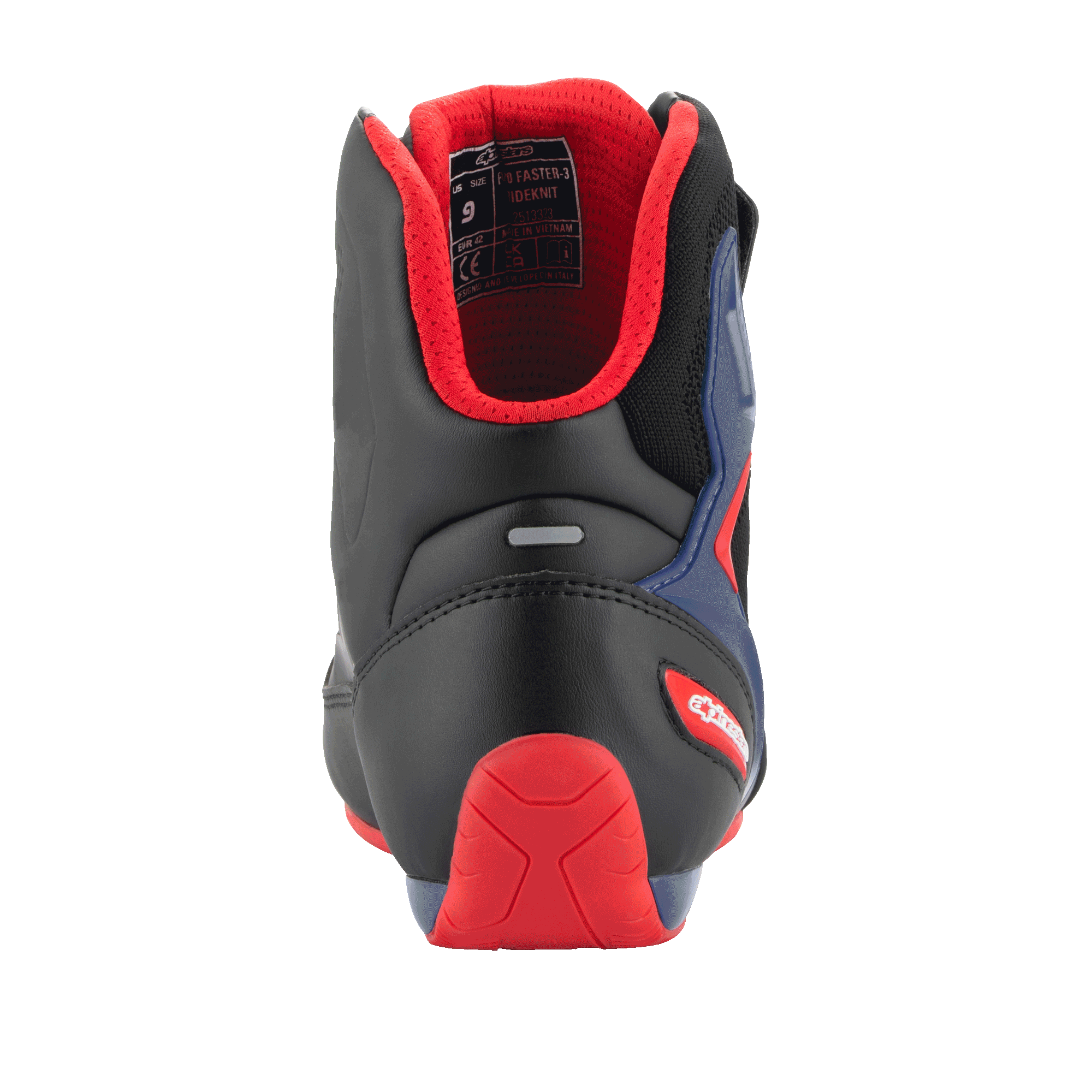 Alpinestars FQ20 Faster-3 Rideknit® Shoes, Motorcycle Riding Shoes, Black Bright Red and Blue, rear view showing red TPR heel counter, padded red mesh lining, and reflective strip, sporty design for road riding.