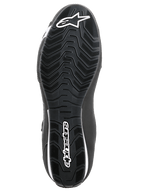 Alpinestars Sektor Shoes, Motorcycle Riding Shoes, Black and White, bottom view of the textured rubber sole with wavy tread pattern, featuring white Alpinestars logo and star symbol.