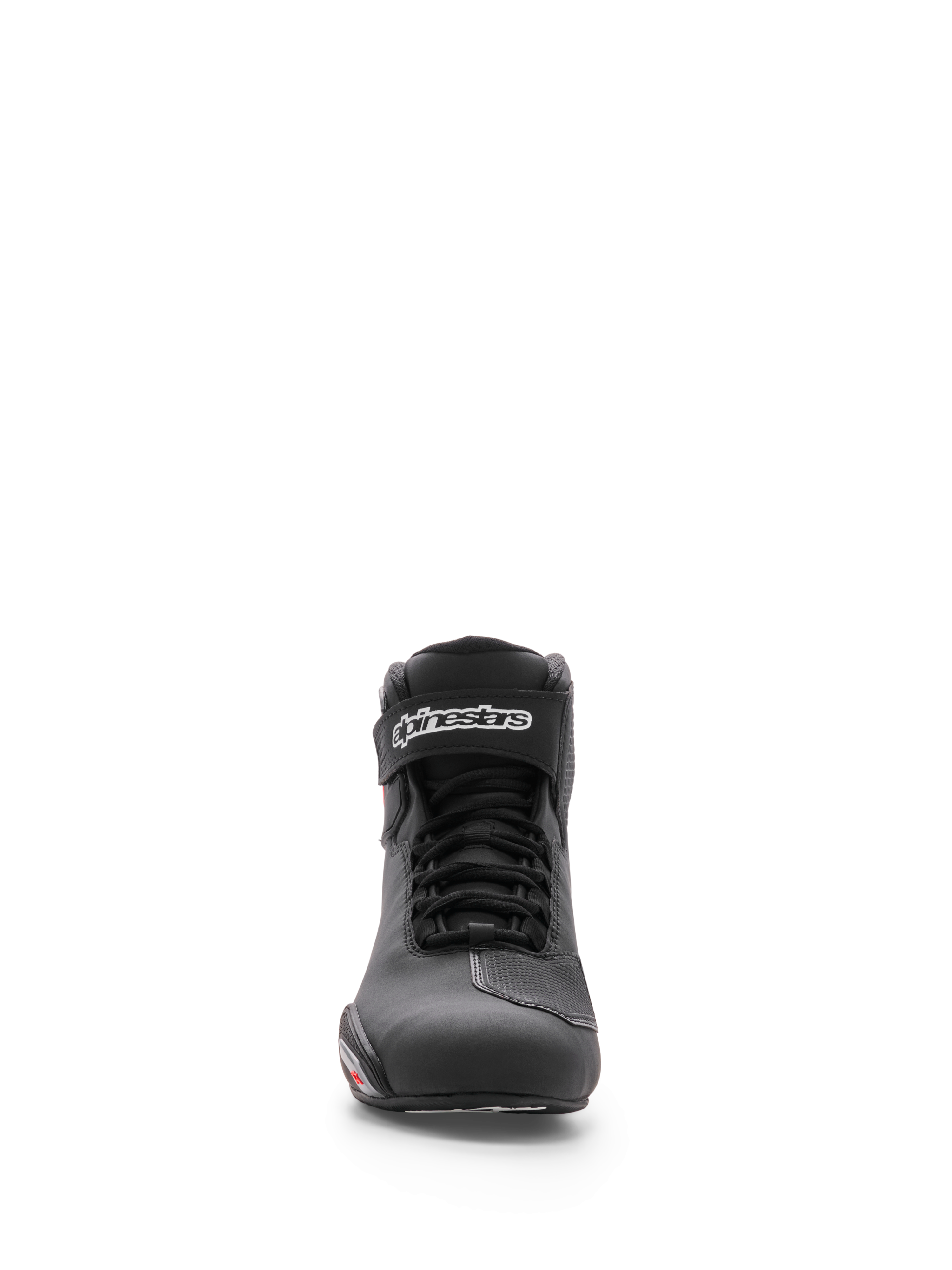 Alpinestars Sektor Shoe, sapato de motociclismo, preto, vista frontal mostrando o chassis em microfibra, sistema de atacadores rápidos e tira no tornozelo com logótipo Alpinestars branco, design atlético elegante para condução em estrada