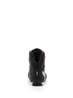 Sapato Alpinestars Sektor, sapatos de motociclismo, preto, branco e vermelho fluo, vista traseira focada no calcanhar e acolchoamento interno do tornozelo, acabamento elegante em microfibra para uso desportivo e em estrada