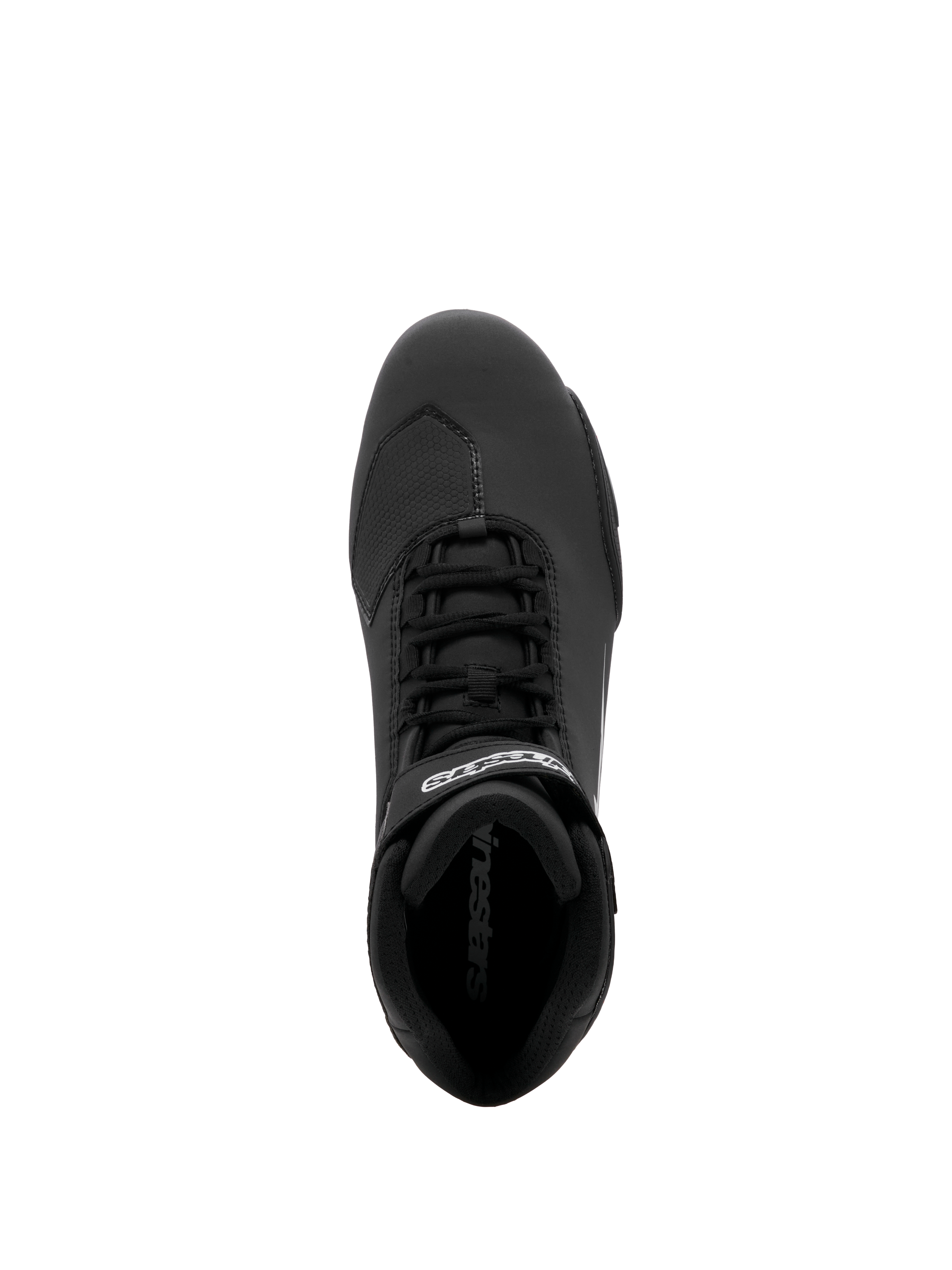 Sapatos Alpinestars Sektor, sapatos de motociclismo, pretos, vista superior com sistema de atacadores rápidos e tira no tornozelo para um fecho seguro com logótipo branco, construção em microfibra leve