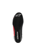 Sapatos Alpinestars Sektor, sapatos de motociclismo, preto, branco e vermelho fluo, vista inferior com sola de borracha texturizada, logótipos brancos e detalhes vermelhos, design de calçado leve para condução em estrada