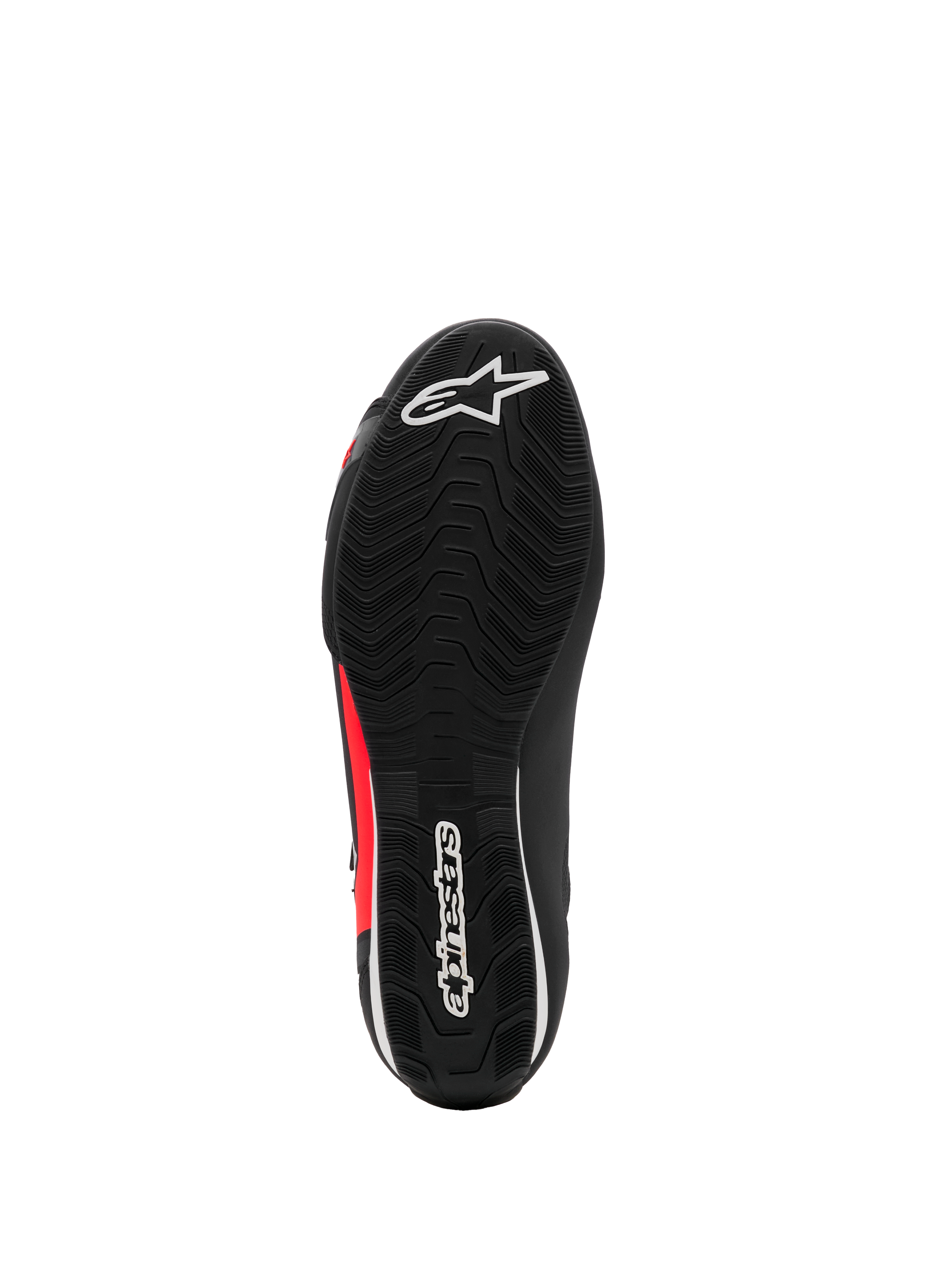 Sapatos Alpinestars Sektor, sapatos de motociclismo, preto, branco e vermelho fluo, vista inferior com sola de borracha texturizada, logótipos brancos e detalhes vermelhos, design de calçado leve para condução em estrada