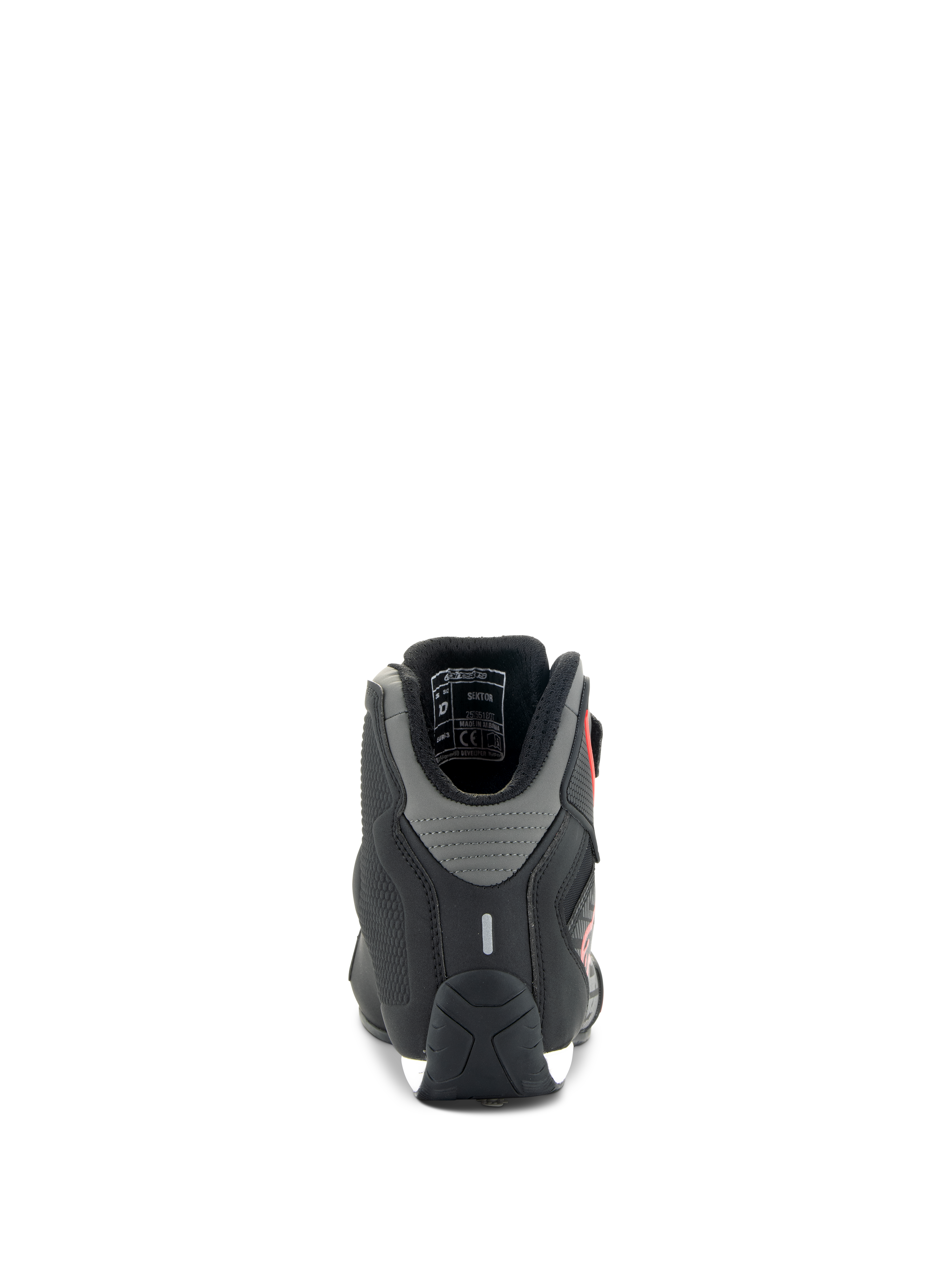 Alpinestars Sektor Shoes, Motorcycle Riding Shoes, Black and Bright Red, rear view showing grey heel panels and reflective strip, sleek lightweight microfiber construction for road riding