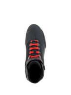 Alpinestars Sektor Shoes, Black and Bright Red, top-down view of motorcycle riding shoe, bright red laces and adjustable ankle strap, sleek microfiber upper with shift pad reinforcement, sporty road-riding design