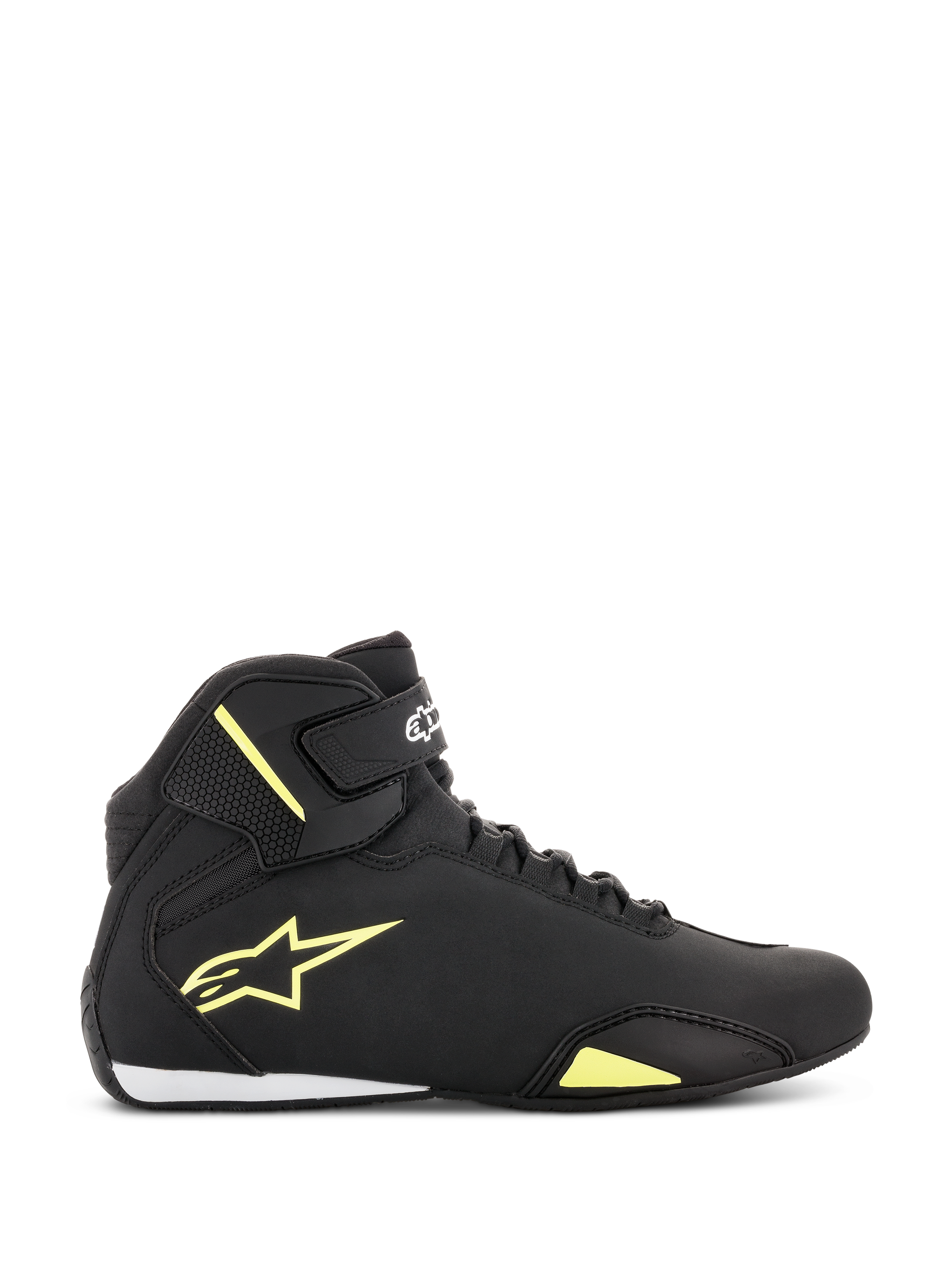 Alpinestars Sektor Shoes, Motorcycle Riding Shoes, Black and Yellow Fluorescent, side profile view featuring a yellow Astars logo, ankle strap with white branding, speed lacing system, and sleek microfiber construction.