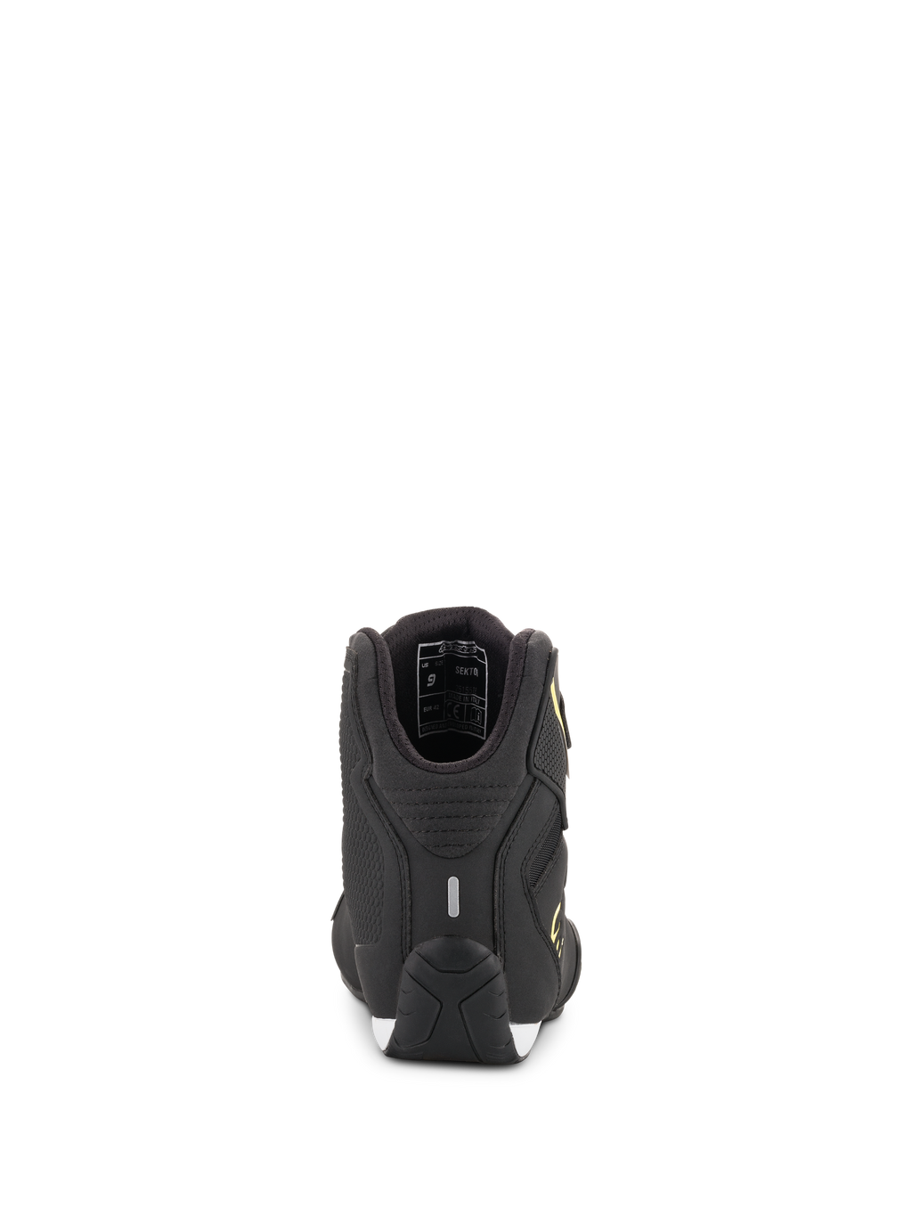 Alpinestars Sektor Shoes, Motorcycle Riding Shoes, Black and Yellow Fluo, rear view showing the heel with reflective strip and inner lining details, textured performance sole