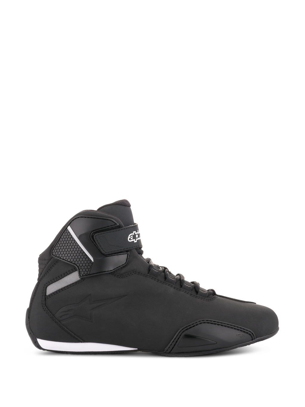 Alpinestars Sektor Shoes, Black Motorcycle Riding Shoes, side profile view, sleek microfiber construction with reinforced toe and ankle strap, white Alpinestars logo, athletic sport-styled protective footwear.